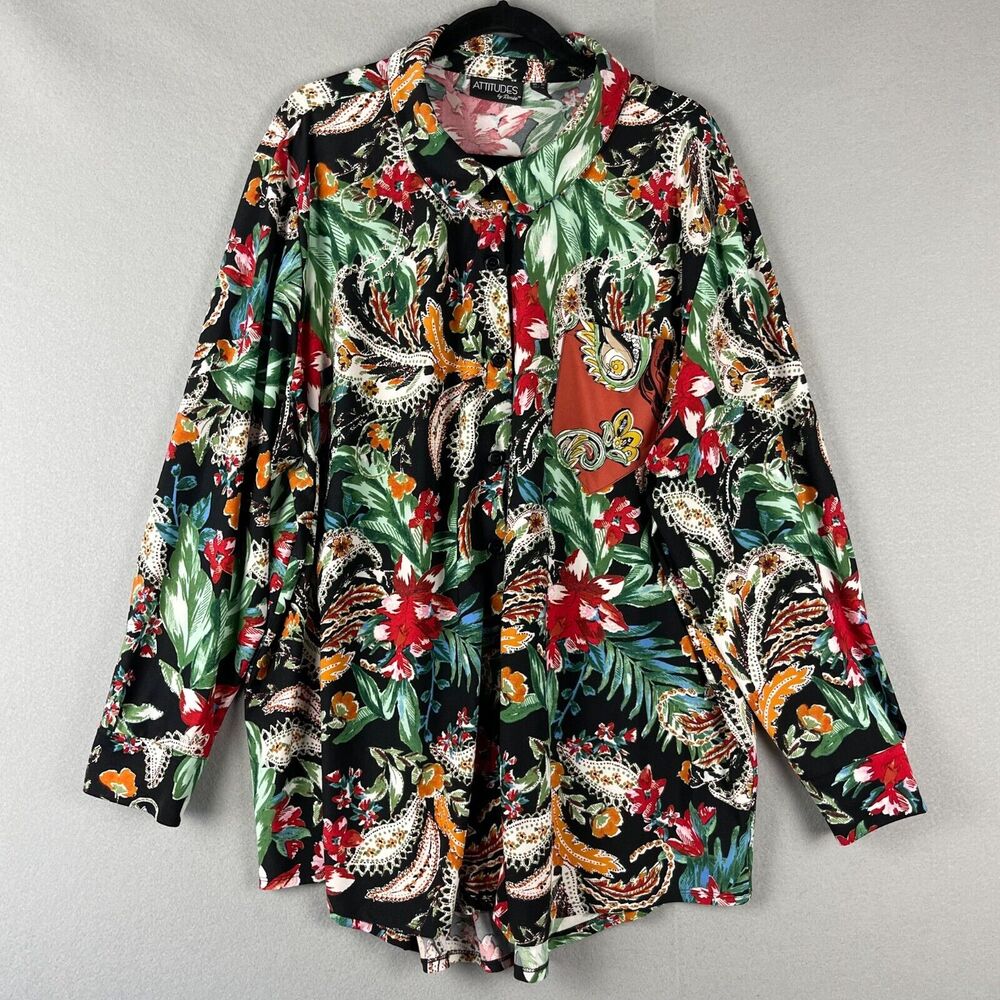 Attitudes Renee Floral Top Womens 3X Blouse Button Up Stretch Tropical Colorful